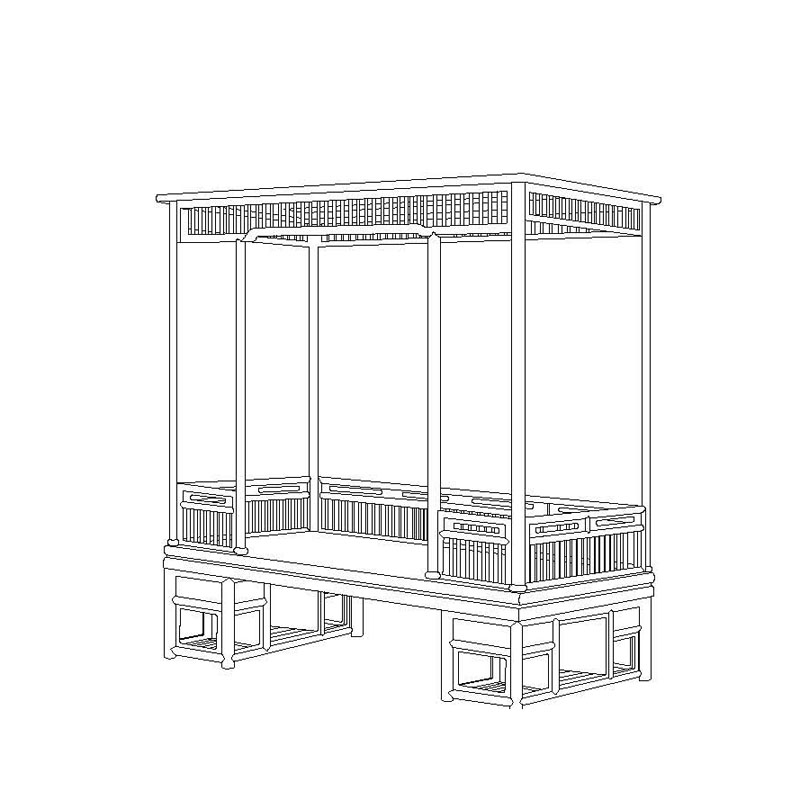 Obibi Rosewood Ming dynasty six-post canopy bed with front railings and straight lattice